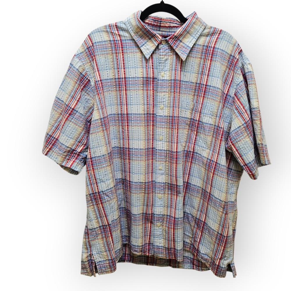 Lands End Mens XL Blue Red Plaid Short Sleeve Cotton Seersucker Button Down